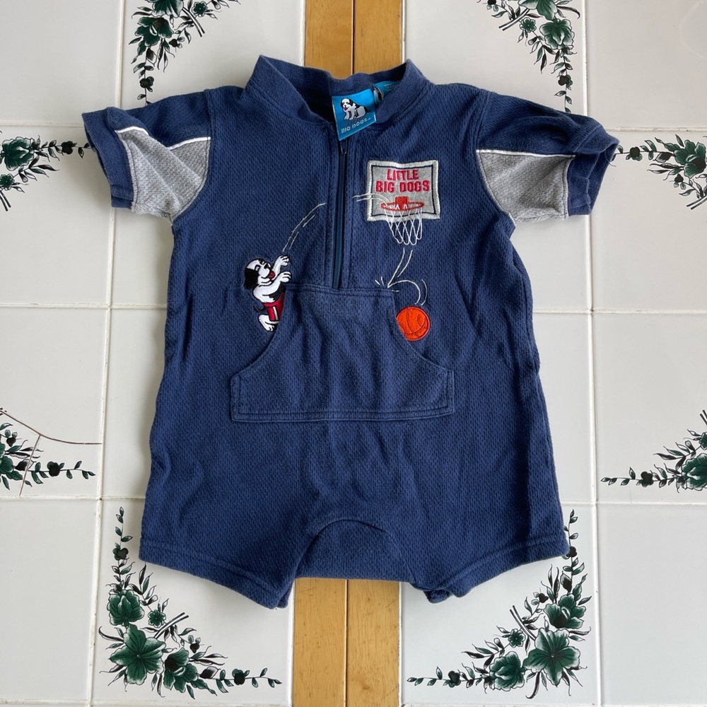 Vintage Little Big Dogs Baby Jumper Romper Blue Embroidered NB / 3-6M Fun COTTON